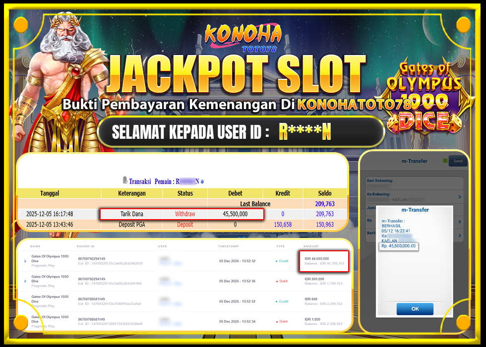 KONOHATOTO78 JACKPOT GATES OF OLYMPUS 1000 DICE Rp.45.500.000,- LUNAS